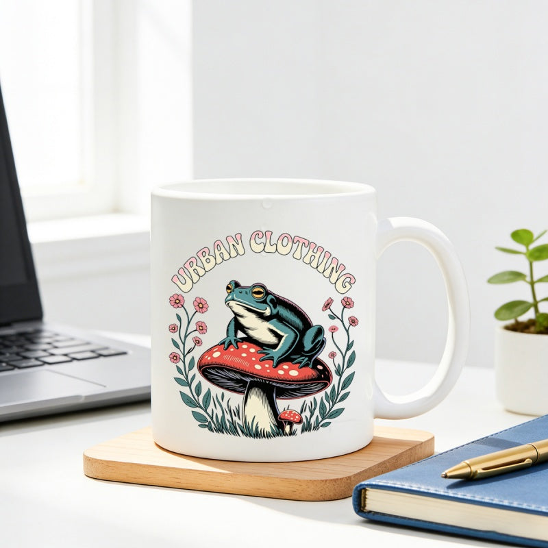Tailorly White Ceramic 11 oz Mug - Urban Clowing Vintage Style Green Amphibian Perched On Red Spotted Mushroom Frog