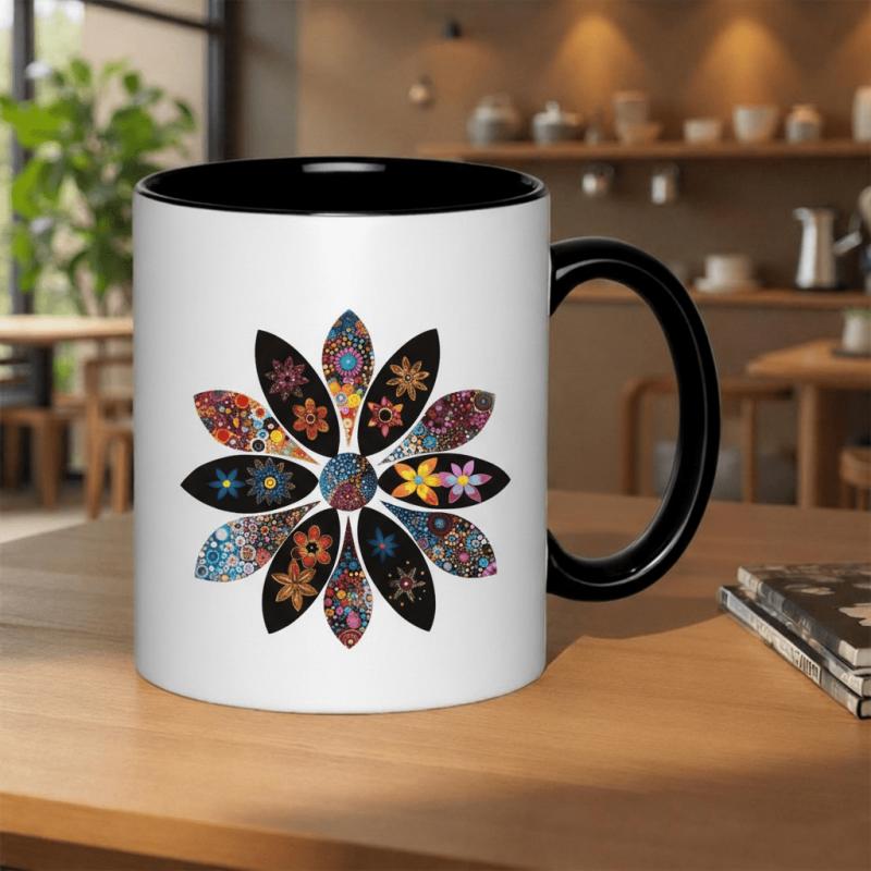 Tailorly Black Accent 11 oz Mug - vibrant floral mandala with detailed patterns and a colorful gradient