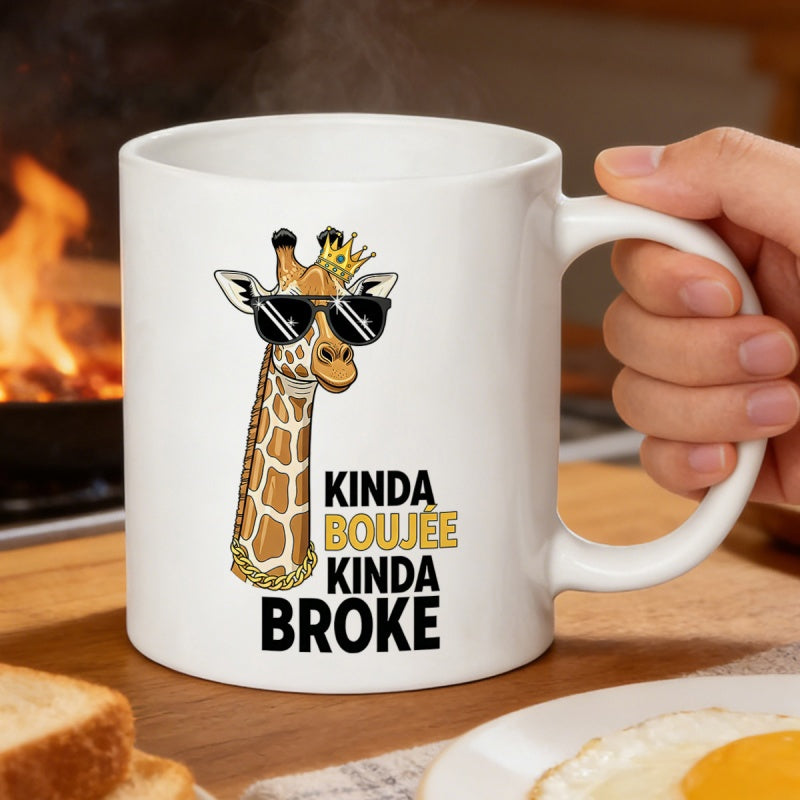 Tailorly White Ceramic 11 oz Mug - Kinda Boujee Kinda Broke Cool Cartoon Animal Wearing Sunglasses And Golden Crown Giraffe
