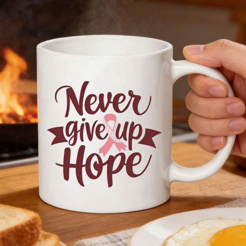 Tailorly White Ceramic 11 oz Mug - Never Give Up Hope Pink Awareness Ribbon Combined With Elegant Script Typography On