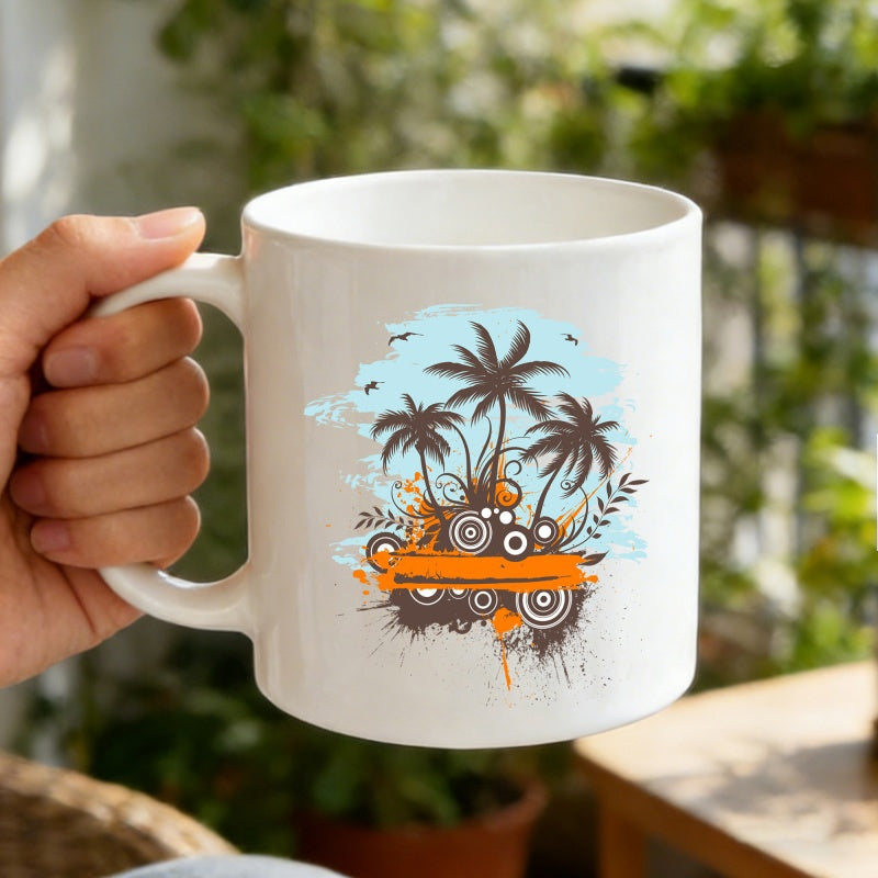 Tailorly White Ceramic 11 oz Mug - Tropical Scenery With Grunge Abstract Circles And Retro Summer Vibe Palm Tree
