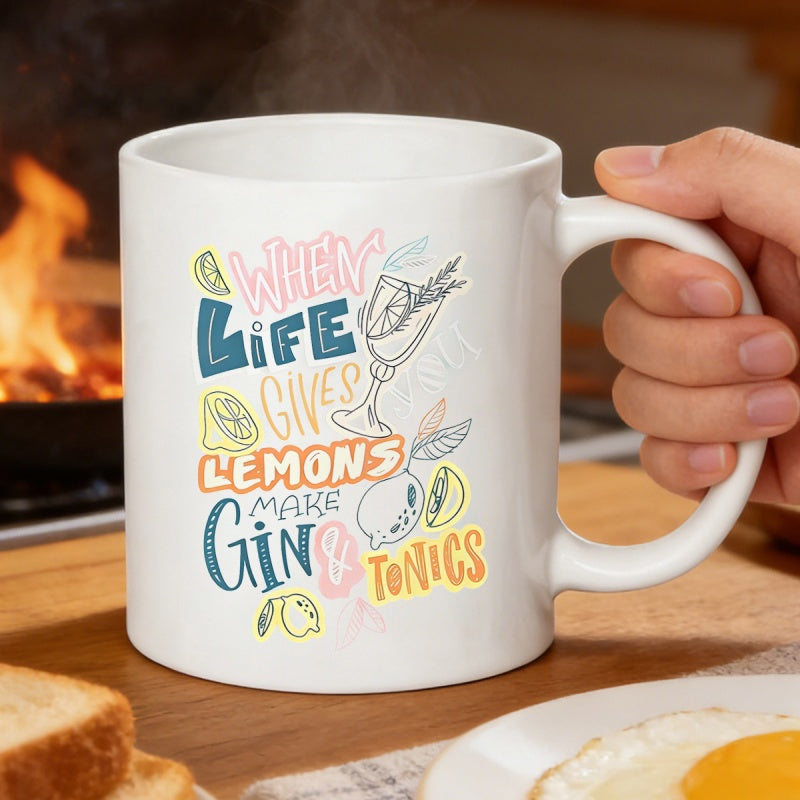 Tailorly White Ceramic 11 oz Mug - When Life Gives Lemons Make Gin Tonics Hand Drawn Lemons With A Sprig And Refreshing Cocktail Glass Illustration