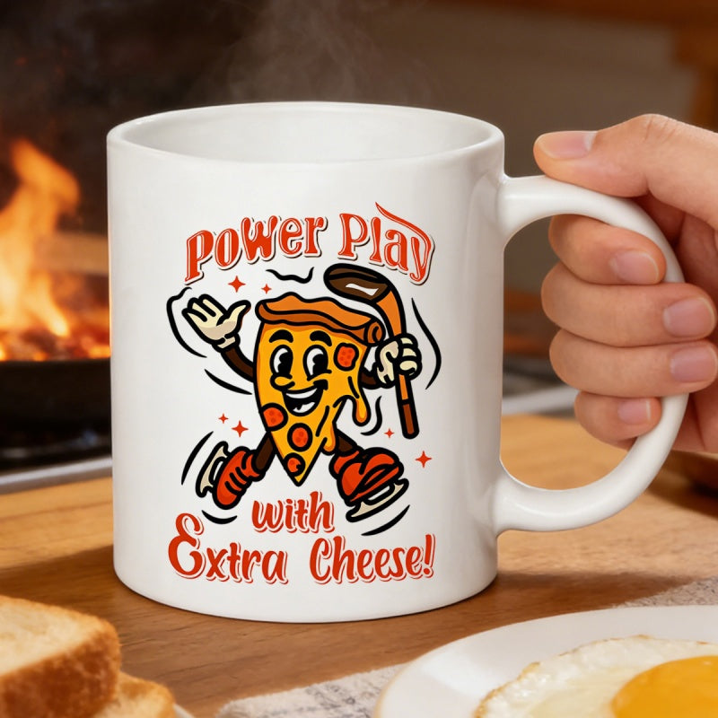 Tailorly White Ceramic 11 oz Mug - Power Play With Extra Cheese Vintage Rubber Hose Style Animated Character Playing Hockey Pizza