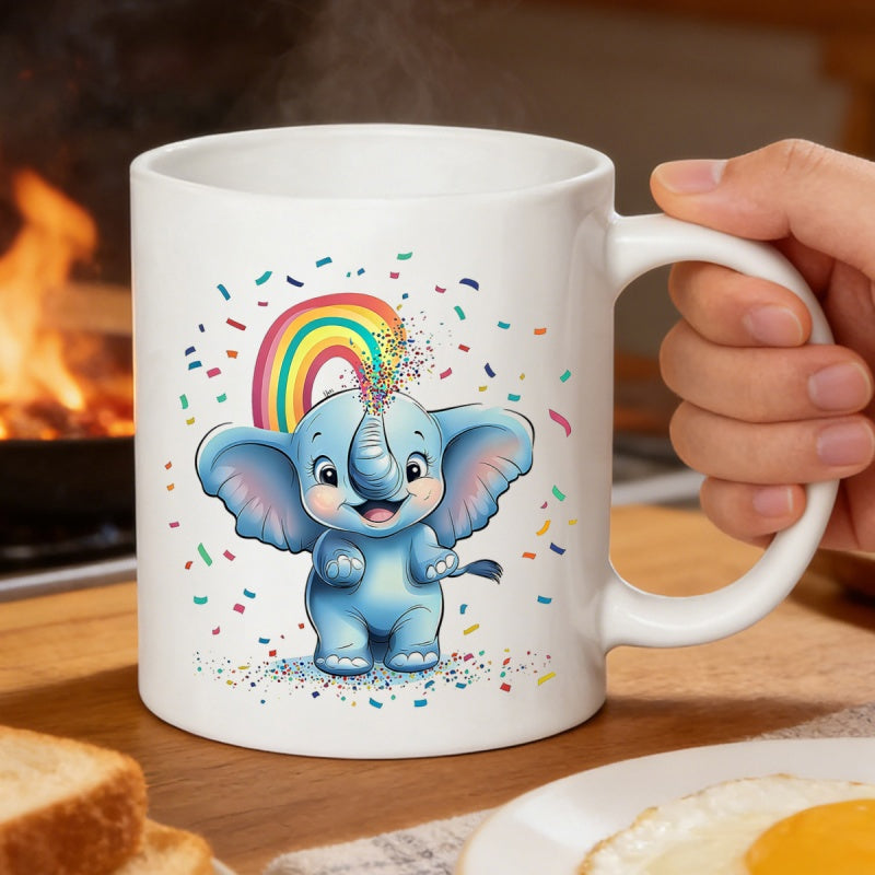 Tailorly White Ceramic 11 oz Mug - Charming Little Blue Calf Spraying A Vibrant Rainbow With Colorful Confetti Elephant