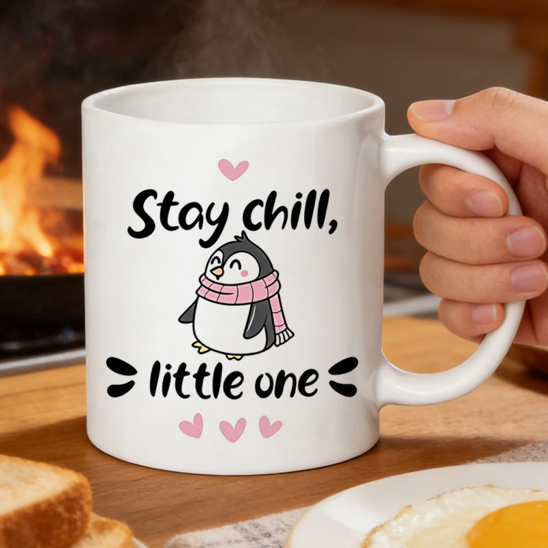 Tailorly White Ceramic 11 oz Mug - Stay Chill Little One Cute Cartoon Penguin Wearing Scarf Among Pink Floating Hearts Penguin