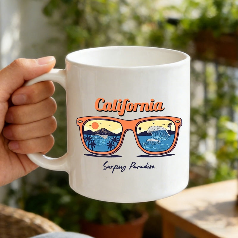 Tailorly White Ceramic 11 oz Mug - California Surfing Paradise Retro Style Summer Vacation Scenes Reflected Inside Vibrant Coastal Sunglasses