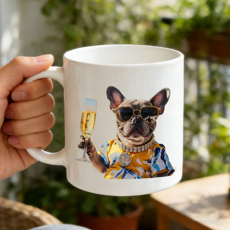 Tailorly White Ceramic 11 oz Mug - Cool Stylish Dog Wearing Sunglasses And Gold Chain Holding Champagne French Bulldog