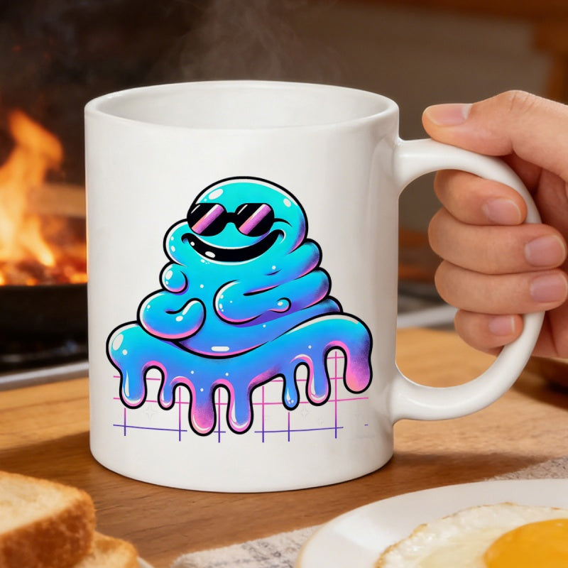 Tailorly White Ceramic 11 oz Mug - Vibrant Blue Gelatinous Character Wearing Cool Sunglasses Dripping Over Pink Grid Slime