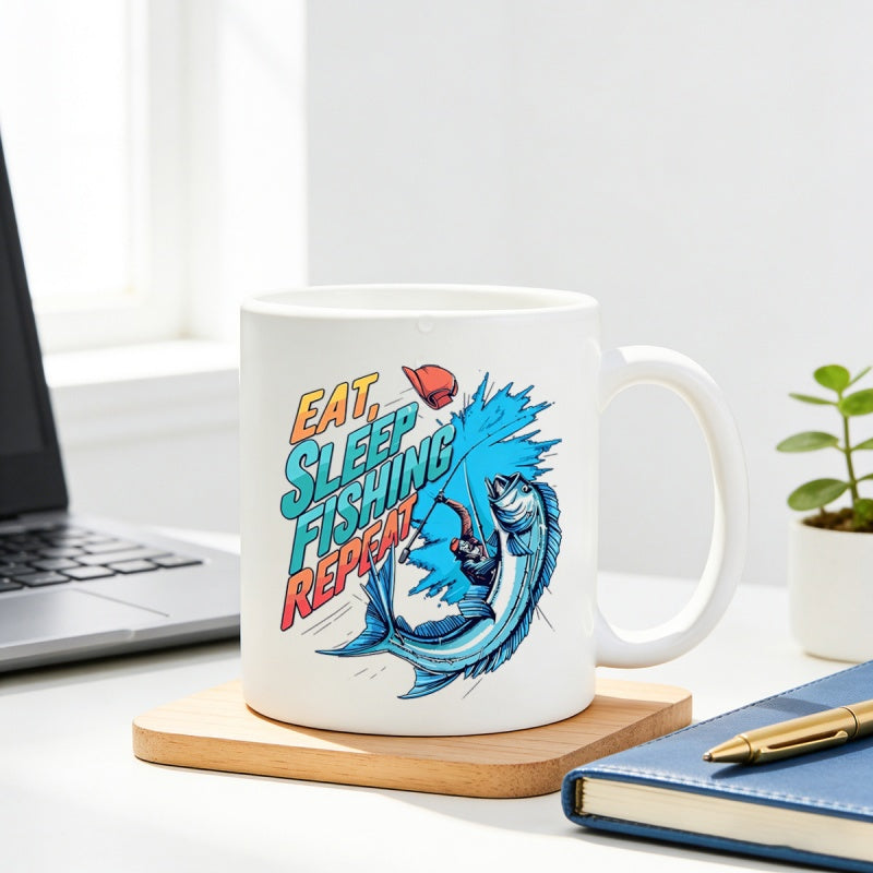Tailorly White Ceramic 11 oz Mug - Eat Sleep Fishing Repeat Majestic Jumping Out Of Vibrant Blue Water Splashes With Red Cap Fish