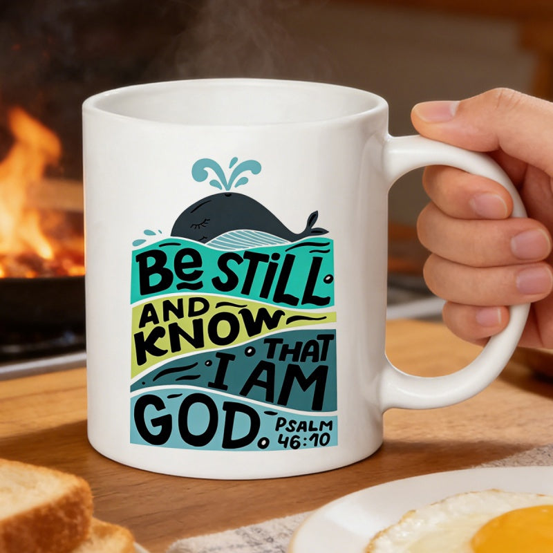 Tailorly White Ceramic 11 oz Mug - Be Still And Know That I Am God Majestic Blue Whale Spouting Water Over Serene Ocean Waves Whale