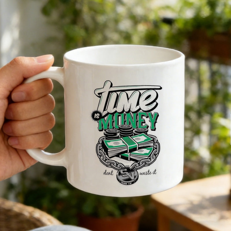 Tailorly White Ceramic 11 oz Mug - Time Is Money Dont Waste It Stylized Green Cash Stacks Surrounded By Ornate Silver Chain Money
