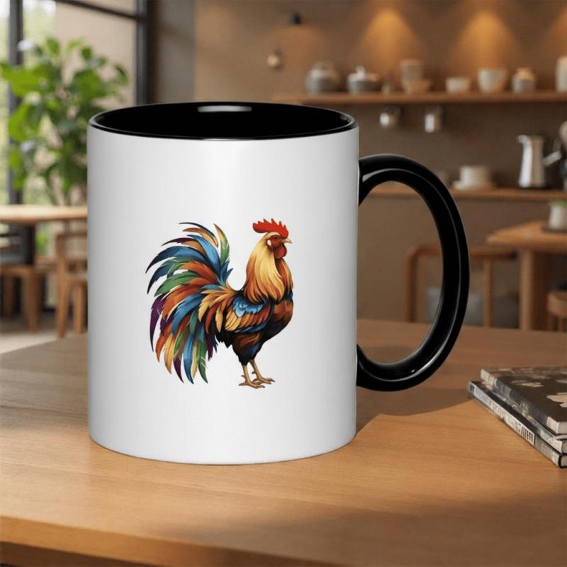Tailorly Black Accent 11 oz Mug - vibrant rooster with colorful tail feathers standing
