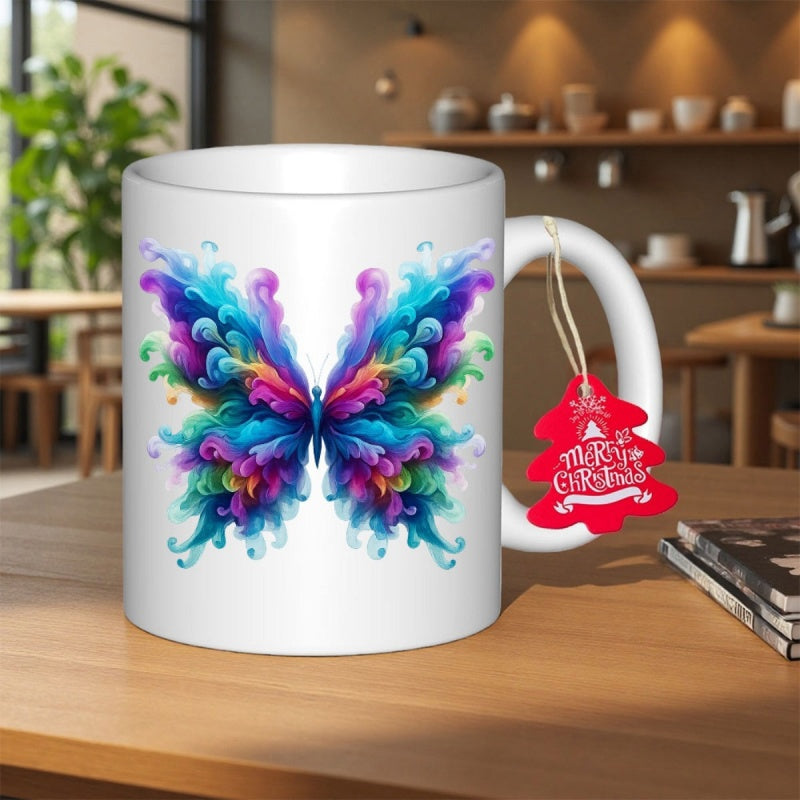 Tailorly White Ceramic 11 oz Mug - Merry Christmas Vibrant Colorful Swirling Ethereal Smoke Patterns Forming A Symmetrical Butterfly