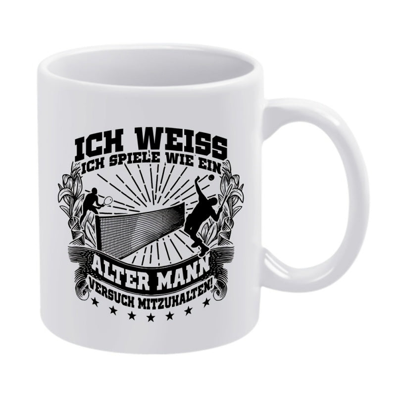 Tailorly White Ceramic 11 oz Mug - Athletic Silhouettes Playing Fast Table Tennis Among Decorative Vintage Floral Scrolls Player