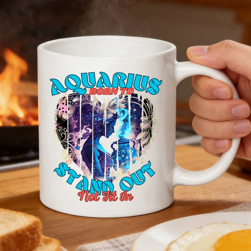 Tailorly White Ceramic 11 oz Mug - Aquarius Born To Stand Out Not Fit In Ethereal Heart Frame With Starry Cosmic Night And Celestial Lady Heart