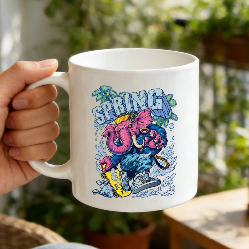Tailorly White Ceramic 11 oz Mug - Spring Colorful Cartoon Elephant Wearing Sneakers Skating Through Splashing Blue Water Elephant