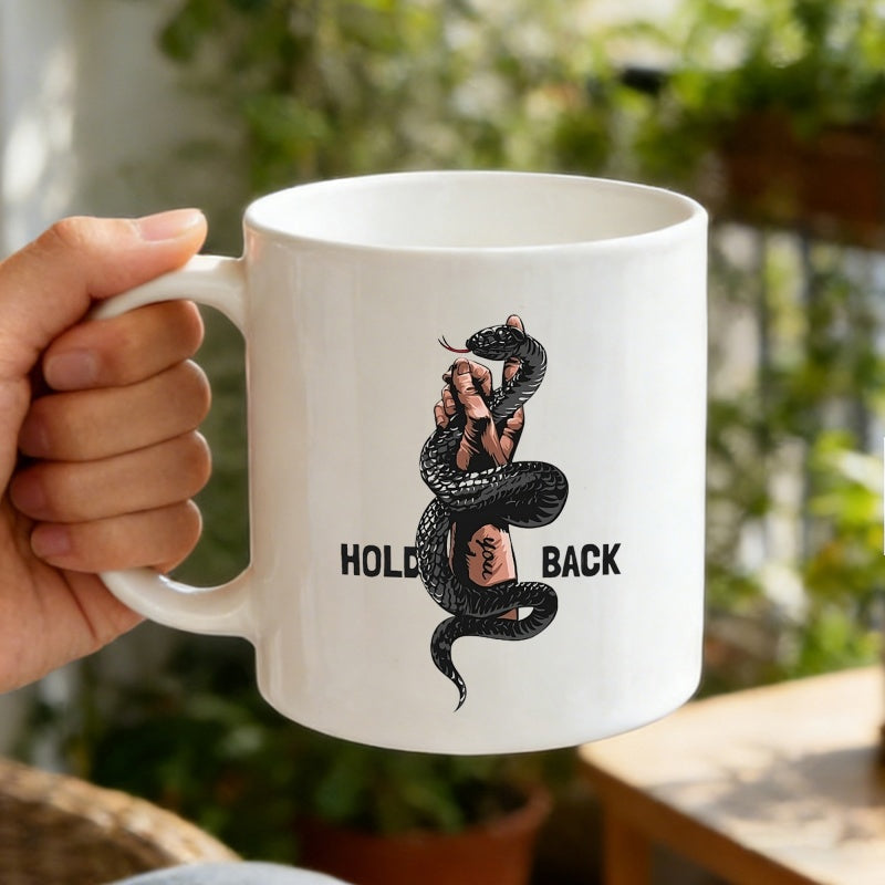 Tailorly White Ceramic 11 oz Mug - Hold Back Intricate Dark Coiled Serpent Wrapping Around A Human Hand Snake