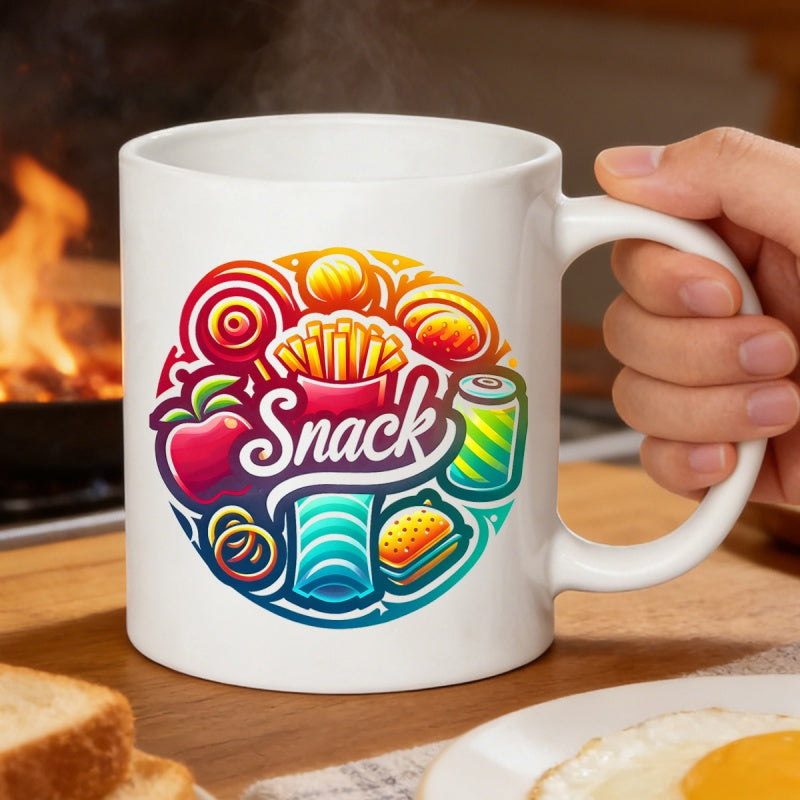 Tailorly White Ceramic 11 oz Mug - Snack Colorful Vibrant Circular Collage Featuring Fast Food Icons And Sweet Treats Snacks