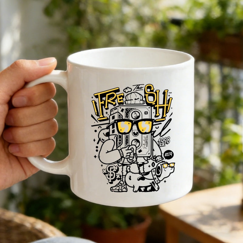Tailorly White Ceramic 11 oz Mug - Fresh Retro Cassette Player Wearing Cool Sunglasses Amidst Urban Graffiti Doodles Cassette