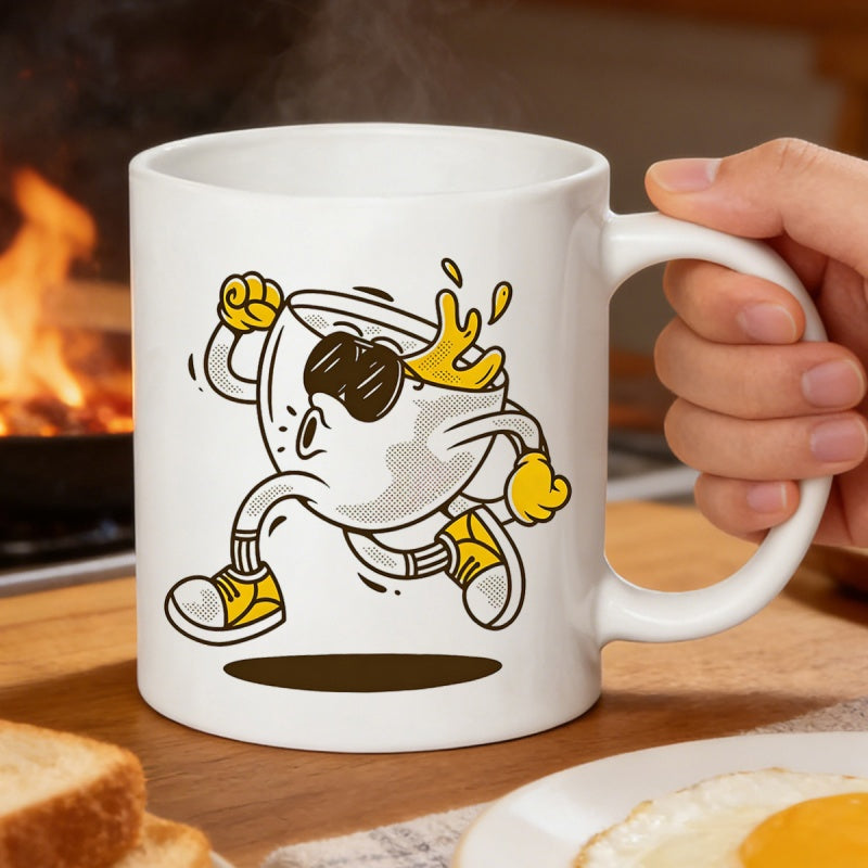Tailorly White Ceramic 11 oz Mug - Animated Running Coffee Cup Wearing Sunglasses With Splashing Yellow Liquid Character