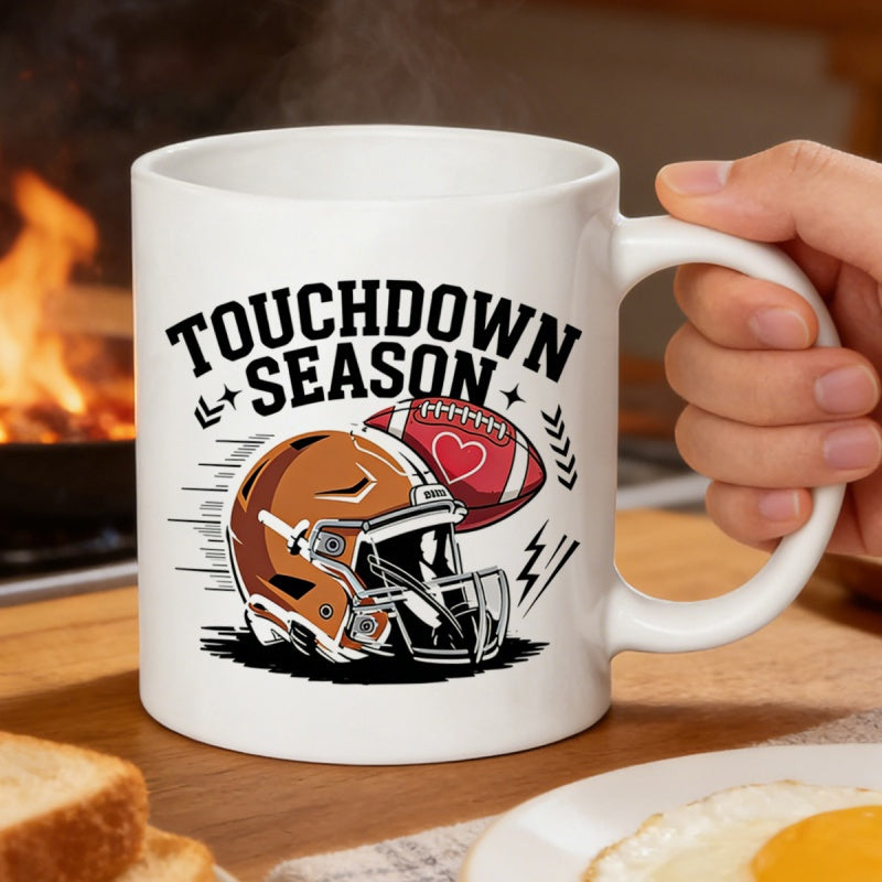 Tailorly White Ceramic 11 oz Mug - Touchdown Season Detailed Bronze American Football Headgear Combined With Heart Themed Game Ball Helmet
