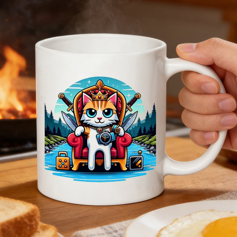 Tailorly White Ceramic 11 oz Mug - Majestic Ginger Character Wearing Golden Crown Sitting On Red Throne Cat
