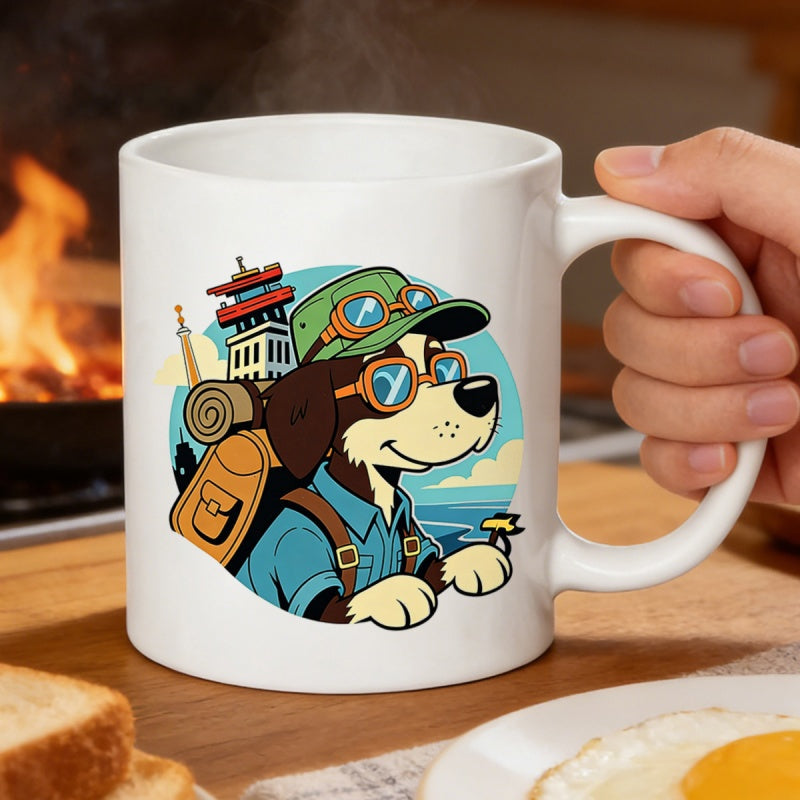 Tailorly White Ceramic 11 oz Mug - Adventurous Explorer Wearing Goggles And Backpack Wandering Near Ancient Temple Dog