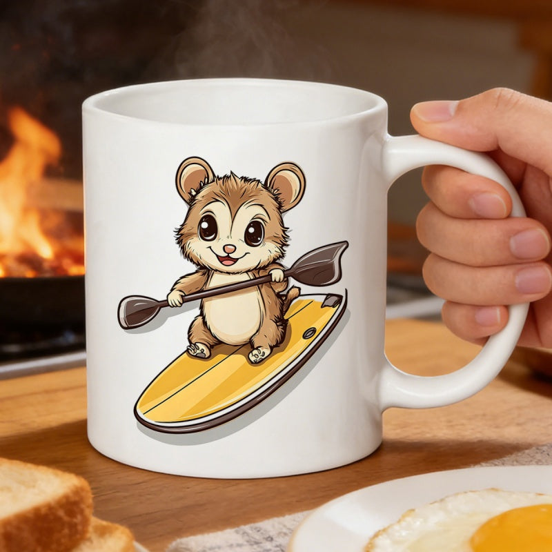 Tailorly White Ceramic 11 oz Mug - Adorable Cartoon Animal Holding A Paddle On A Yellow Surfboard Hamster
