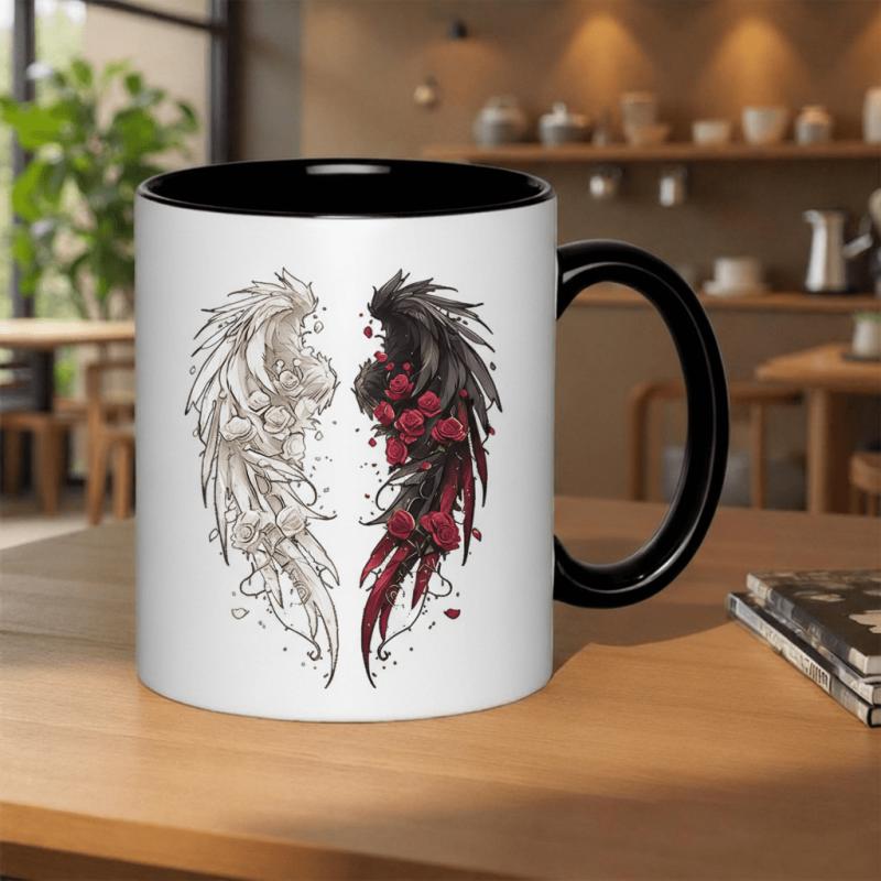Tailorly Black Accent 11 oz Mug - angel wings with roses