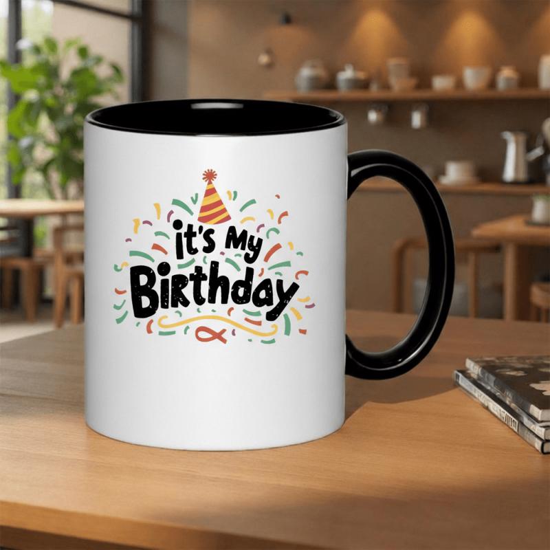 Tailorly Black Accent 11 oz Mug - celebration with confetti and party hat design