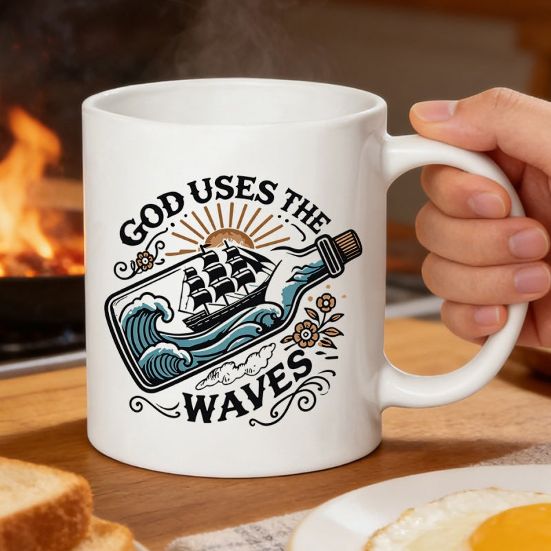 Tailorly White Ceramic 11 oz Mug - God Uses The Waves Vintage Illustration Of A Sailing Vessel Inside A Glass Bottle Ship