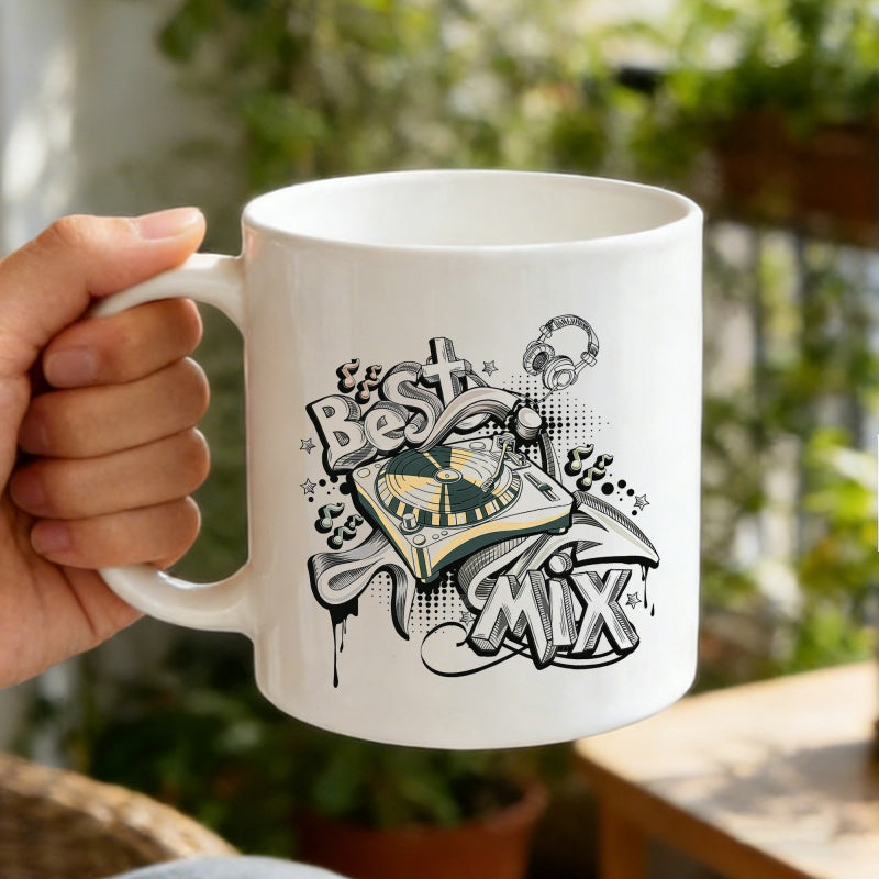 Tailorly White Ceramic 11 oz Mug - Best Mix Graffiti Styled DJ Turntable With Headphone Icons And Artistic Music Swirls Turntable