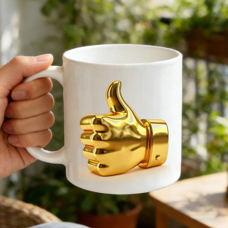 Tailorly White Ceramic 11 oz Mug - Shiny 3D Metallic Golden Thumbs Up Icon Representing Success And Approval Hand