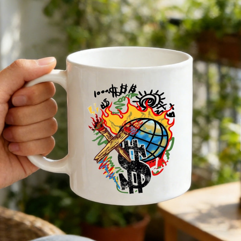 Tailorly White Ceramic 11 oz Mug - Vibrant Street Style Graffiti With Burning Globe And Dollar Sign Graphic
