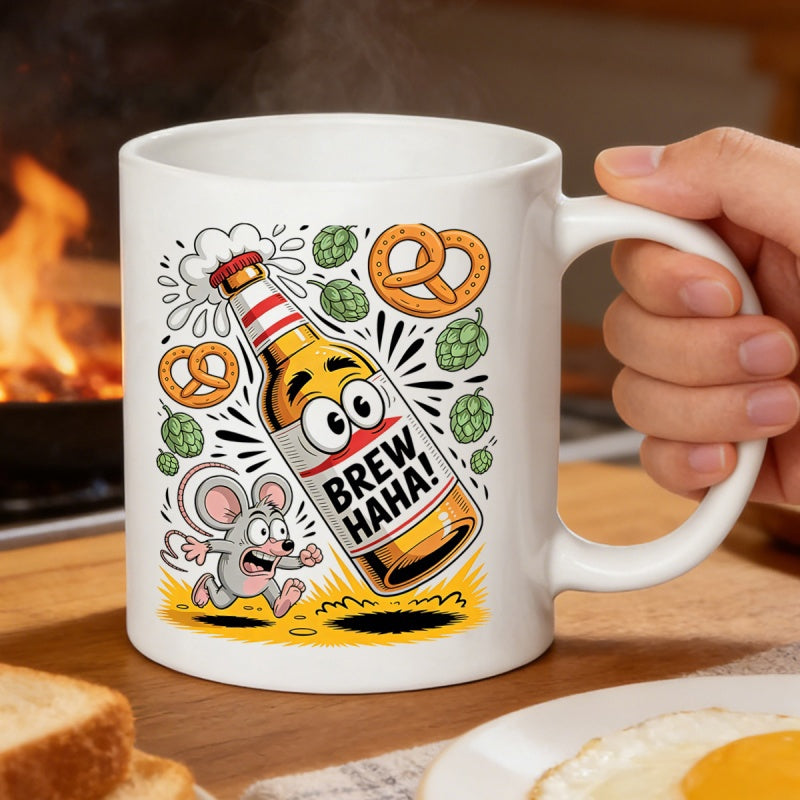 Tailorly White Ceramic 11 oz Mug - Brew Haha Funny Cartoon Bottle Surrounded By Pretzels Hops And A Running Mouse Bottle