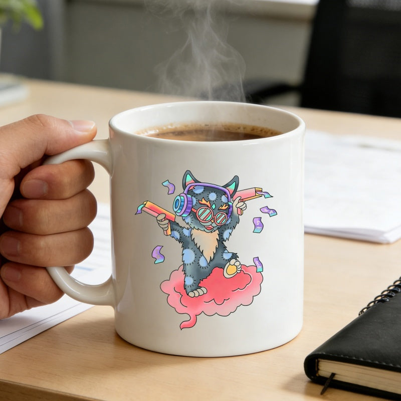 Tailorly White Ceramic 11 oz Mug - Funky Artistic Spotted Feline With Stylish Headphones And Pink Cloud Cat