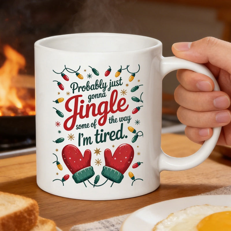 Tailorly White Ceramic 11 oz Mug - Probably Just Gonna Jingle Some Of The Way Im Tired Festive Christmas String Lights Surrounding Warm Red Patterned Cozy Winter