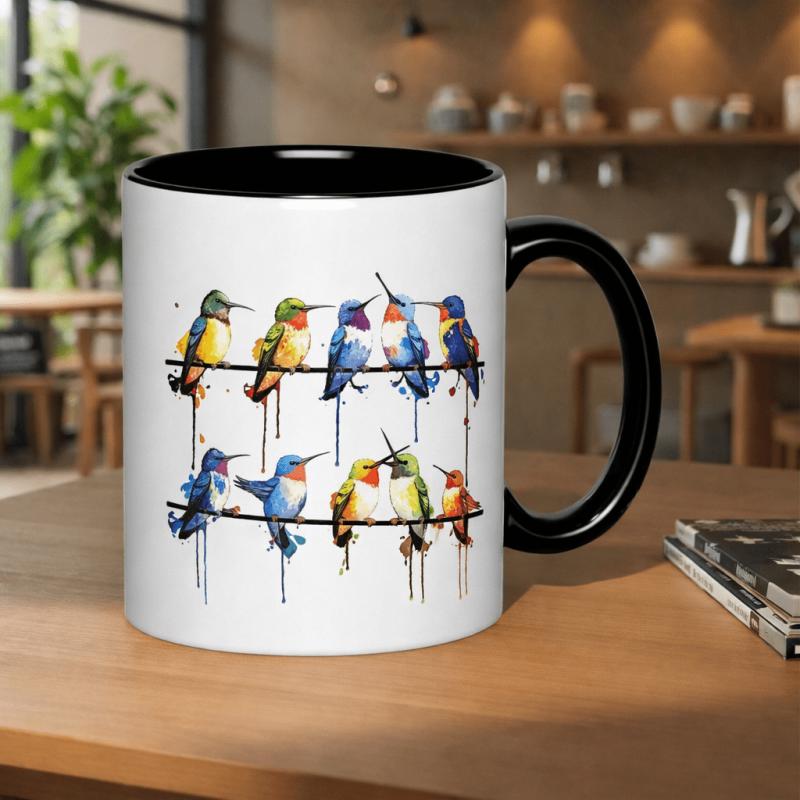Tailorly Black Accent 11 oz Mug - watercolor hummingbirds on a wire with paint effect