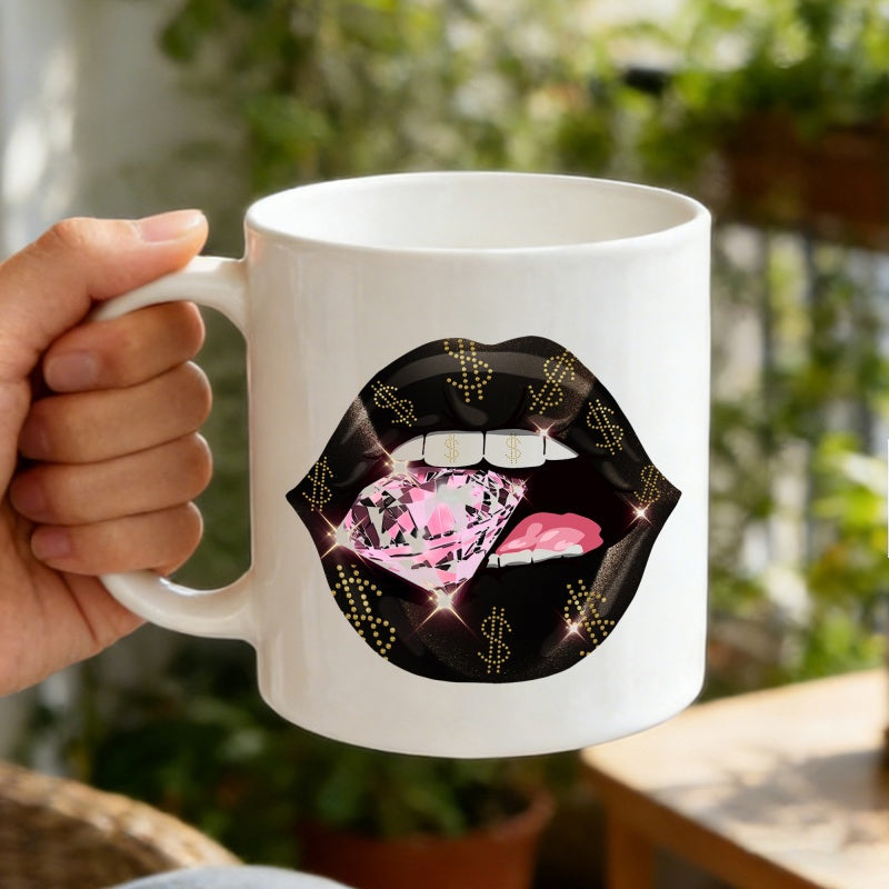 Tailorly White Ceramic 11 oz Mug - Glossy Black Mouth With Golden Dollar Signs Biting A Radiant Pink Diamond Lips