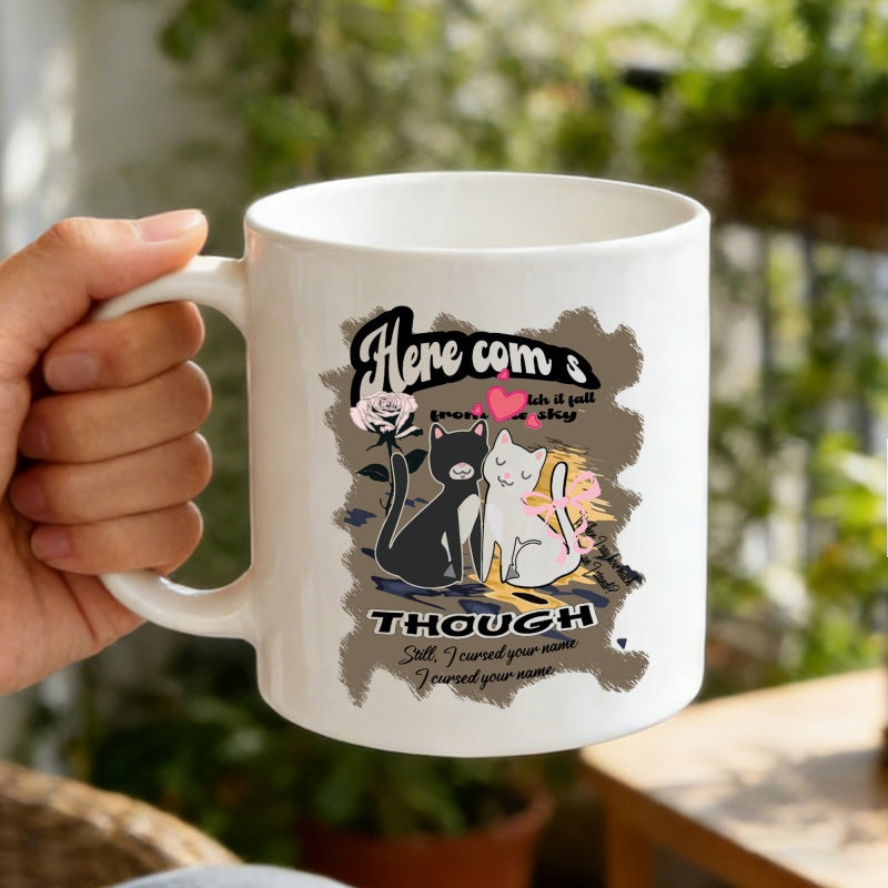Tailorly White Ceramic 11 oz Mug - Here Comes Though Two Cute Adorable Cartoon Felines Sitting Together Under A Soft Pink Heart Cat