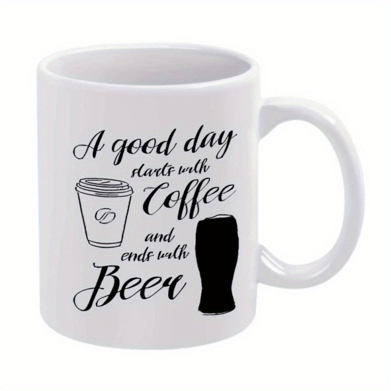 Tailorly White Ceramic 11 oz Mug - A Good Day Starts With Coffee And Ends With Beer Minimalist Graphic Sketch Illustrating Favorite Daily Beverages Mug