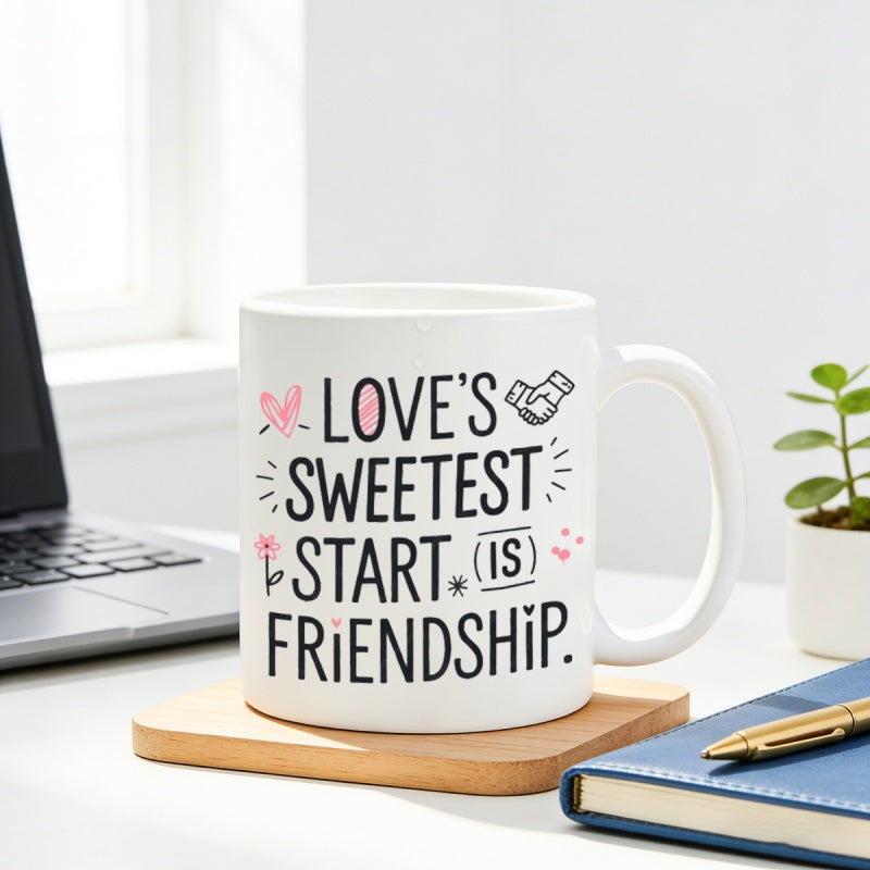 Tailorly White Ceramic 11 oz Mug - Loves Sweetest Start Is Friendship Elegant Black Typography Decorated With Pink Hearts And Handshake Icon Mug