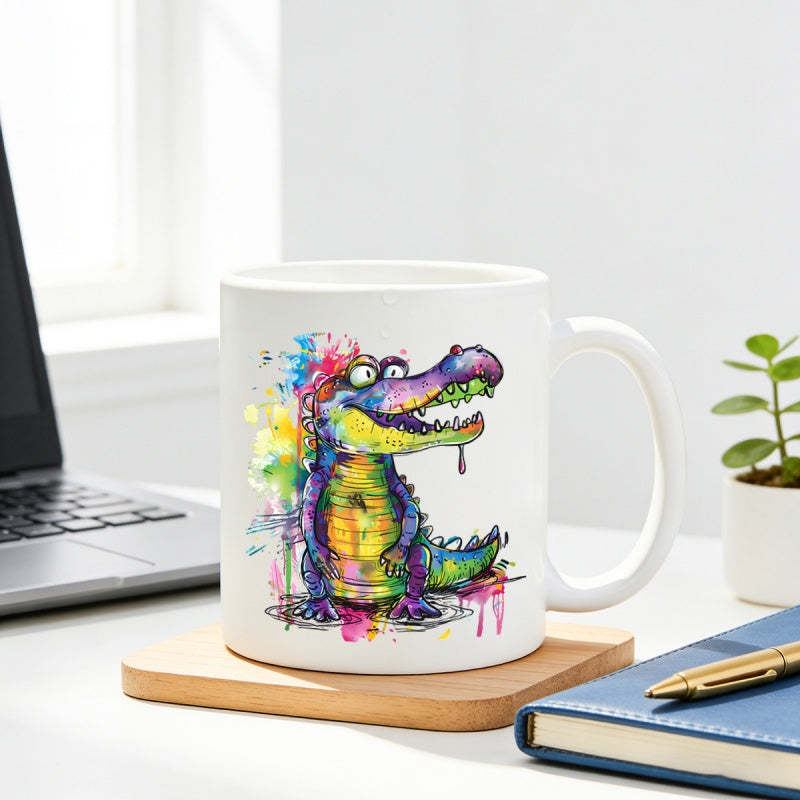 Tailorly White Ceramic 11 oz Mug - Vibrant Watercolor Splatter Style Sitting With Smiling Cartoon Reptile Crocodile