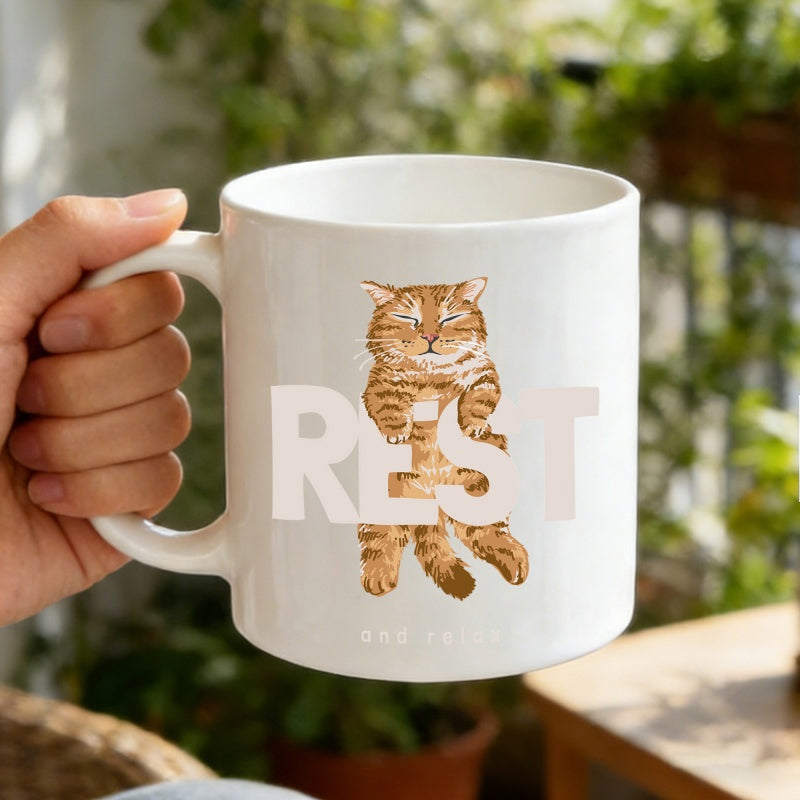 Tailorly White Ceramic 11 oz Mug - Rest Cute Ginger Tabby Stretching Peacefully Among Soft White Background Cat