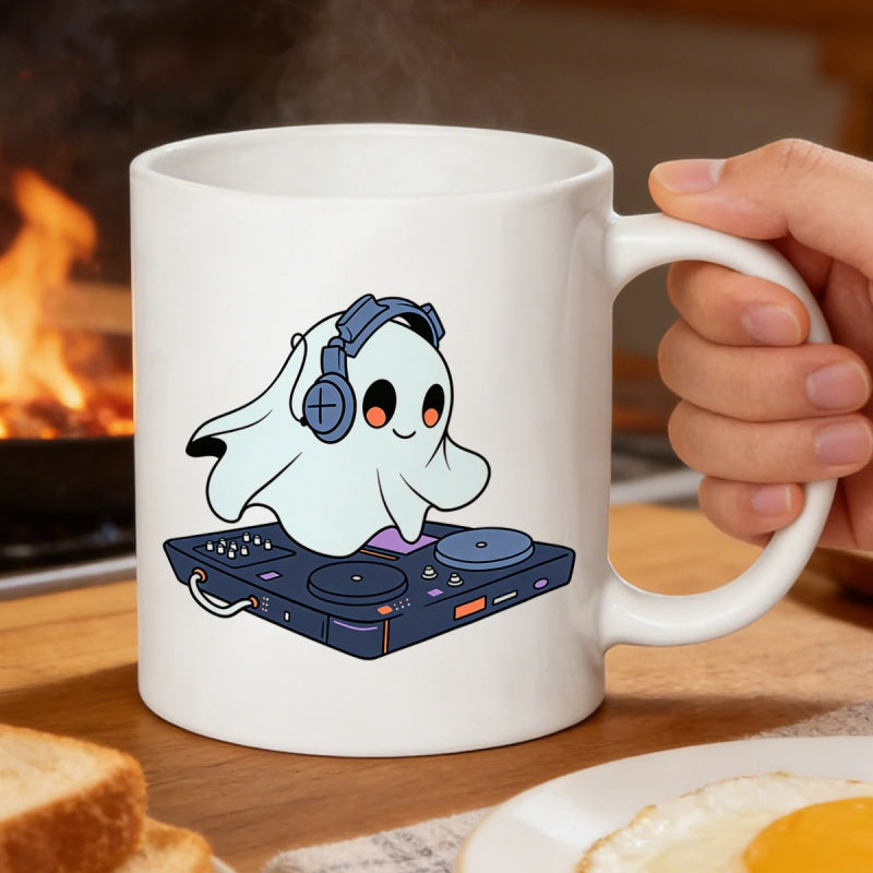 Tailorly White Ceramic 11 oz Mug - Adorable White Cartoon Ghost Wearing Headphones Mixing Music On Digital Turntable Ghost