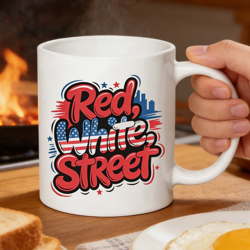 Tailorly White Ceramic 11 oz Mug - Red White Street Patriotic Lettering With American Flag Stars And Urban City Skyline Mug