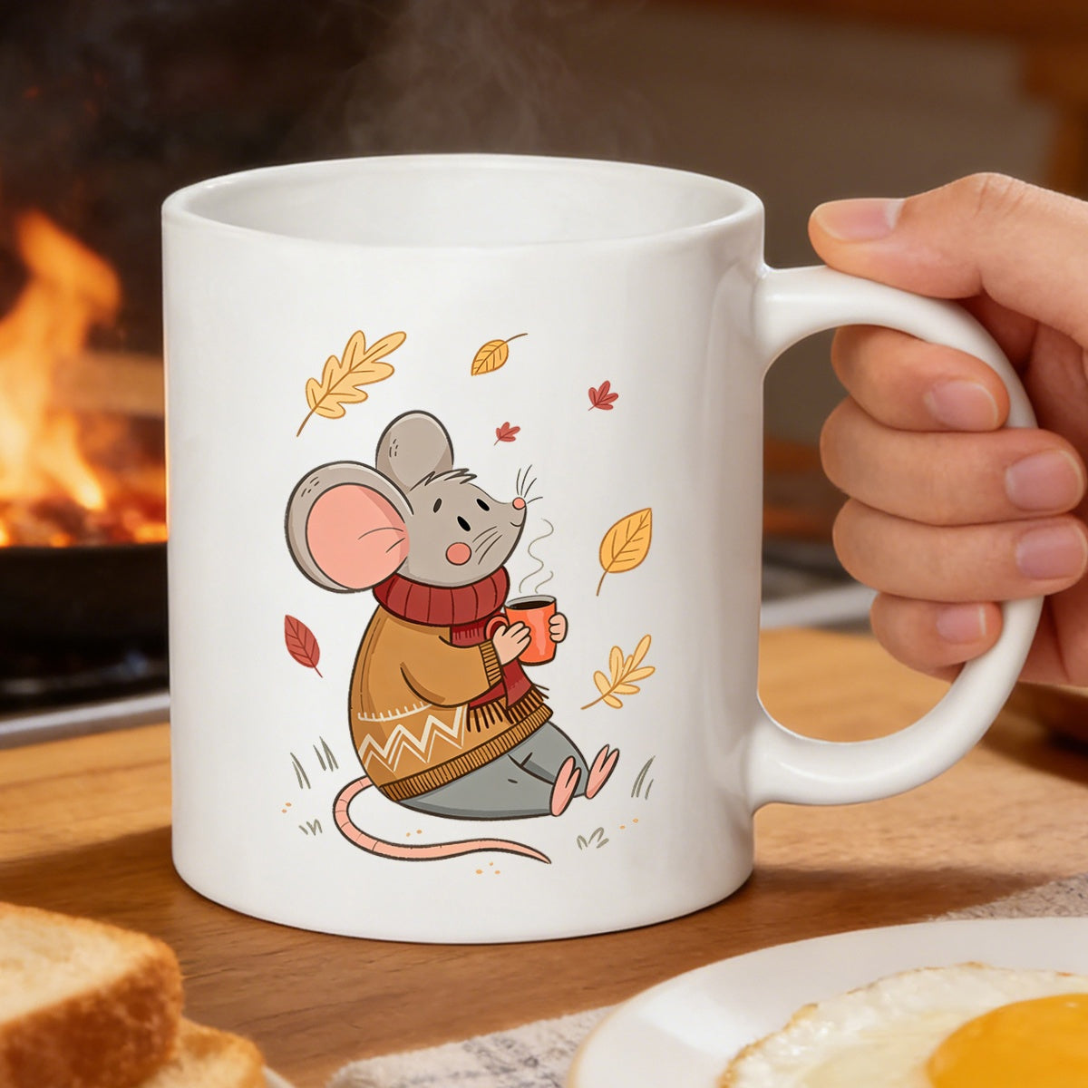 Tailorly White Ceramic 11 oz Mug - Adorable Little Creature In Cozy Winter Sweater Among Falling Autumn Leaves Mouse