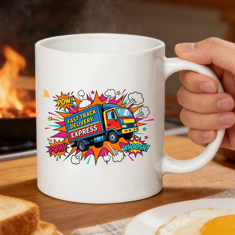 Tailorly White Ceramic 11 oz Mug - Fast Track Delivery Express Pow Wham Speeding Colorful Delivery Truck Featuring Explosive Comic Starburst And Action Clouds