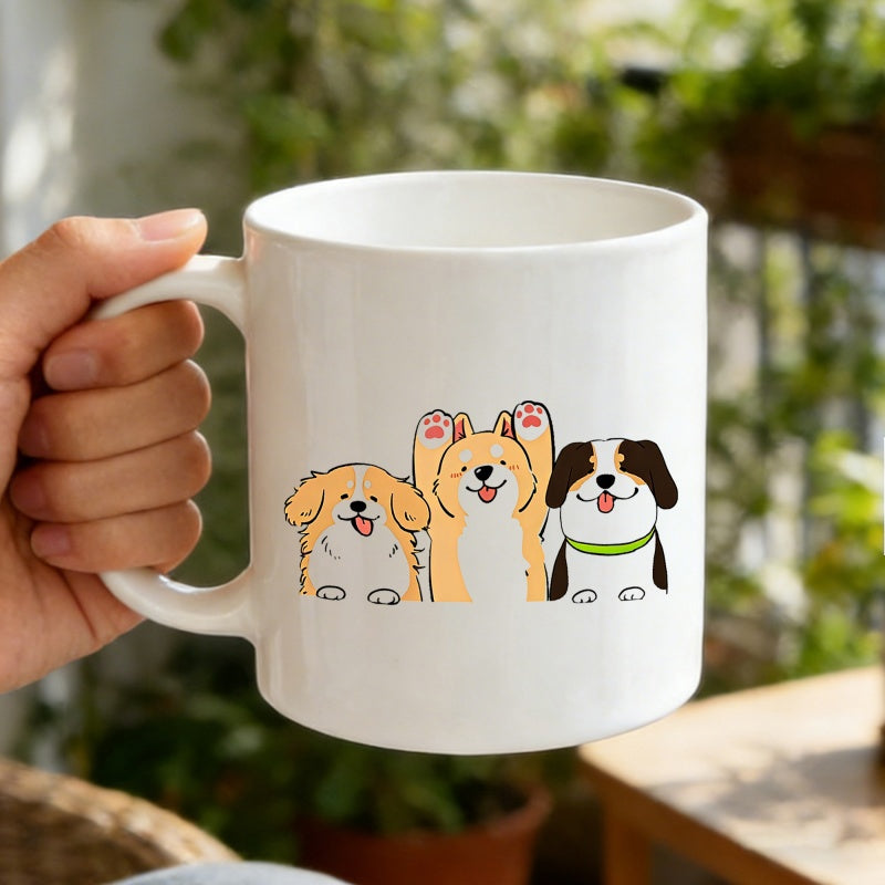 Tailorly White Ceramic 11 oz Mug - Three Adorable Cartoon Puppies Smiling And Waving In A Playful Group Dogs
