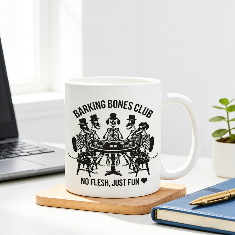 Tailorly White Ceramic 11 oz Mug - Barking Bones Club No Flesh Just Fun Dapper Dog Skeletons Gathered Around A Poker Table Wearing Hats Skeleton